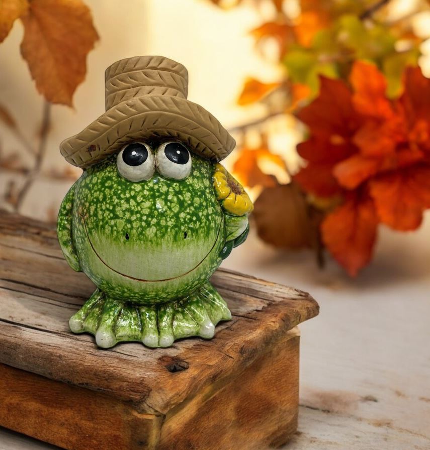 Deko Frosch 
mit Hut und Blume 
7 x 5.8 x 8.5cm