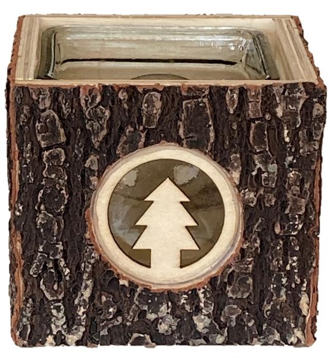 Windlicht aus Holz mit Glaseinsatz
L12cm x B12cm xH11cm
Motiv: Tannenbaum