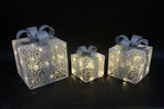 LED Geschenkboxen 3er Set 
mit Cotton - silber Masche 
mit total 72 LED