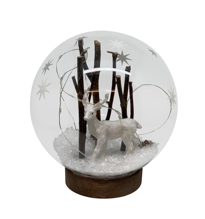 LED Glas Kugel auf braunem 
Sockel mit 12 LED
D:15cm H:16cm
Warm weisses Licht