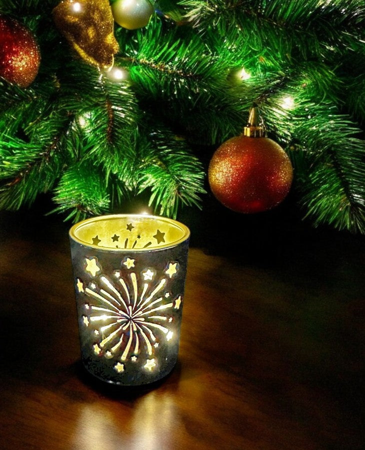 Windlicht aus Glas mit Feuerwerk Motiv