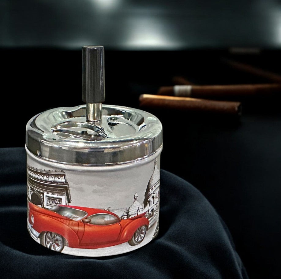 Schleuder-Aschenbecher rund D:9 H:12cm mit Design Retro Car Metall verchromt
