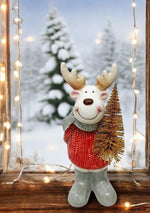 Deko Figur Elch aus Dolomit mit Baum aus Metall rot weiss H15cm
