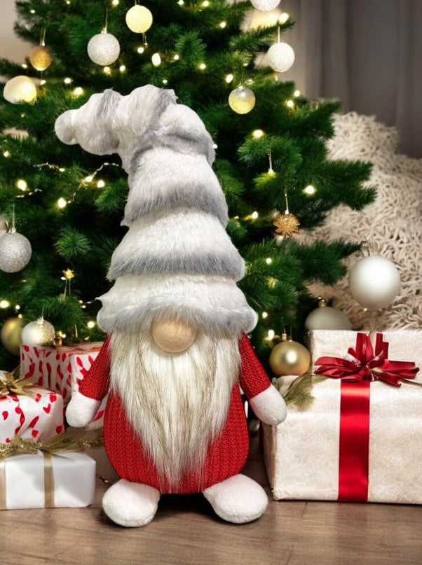 Deko Wichtel Santa stehend rot weiss mit flauschiger Mütze grau weiss