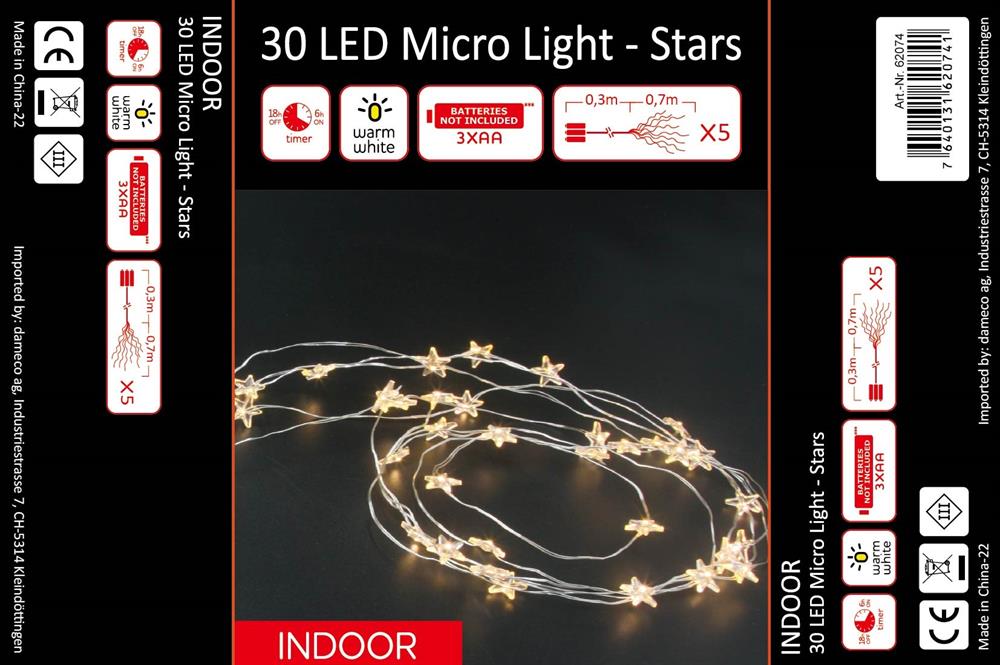 Guirlande lumineuse LED à microfils
 avec étoiles 30 LED
 L: 70 cm
 fil d'argent