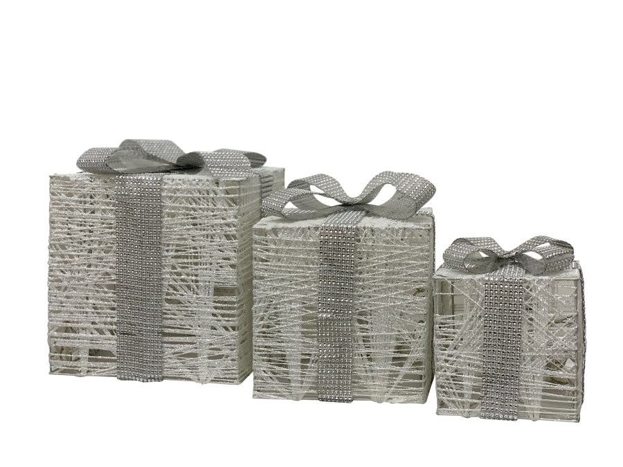 LED Geschenkboxen 3er Set 
mit Cotton - silber Masche 
mit total 72 LED