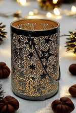 Windlicht schwarz aus Metall mit Sternen Design und Henkel