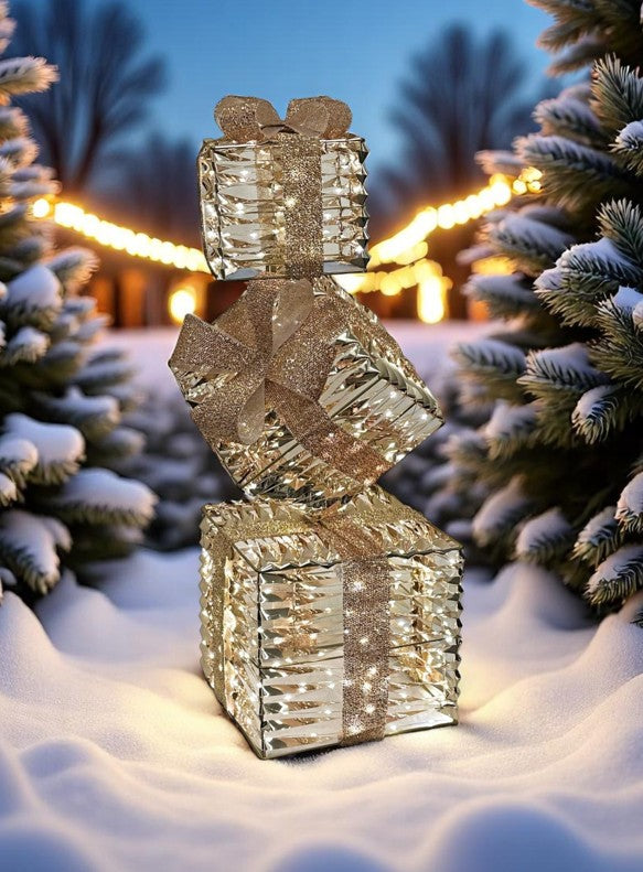 LED Geschenkbox gold Outdoor aus Metall mit 350LED Micro Light goldige PET Streifen