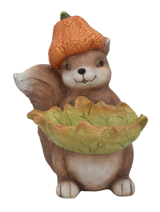 Deko Eichhörnchen sitzend mit Blatt in den Armen aus Polyresin