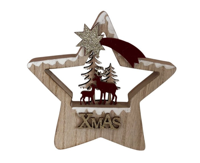 Deko Aufsteller Stern mit Rentier und Wald aus Holz