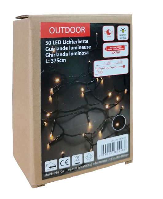 Guirlande lumineuse d'extérieur LED 50 LED
 lumière blanche et chaude
 Longueur 3,75m