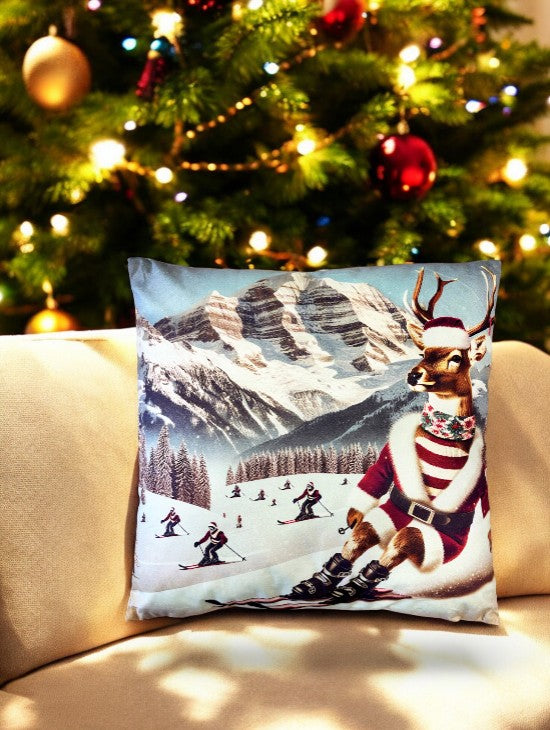 Kissen Hirsch XMAS auf Ski Digitaldruck einseitig mit Reisverschluss