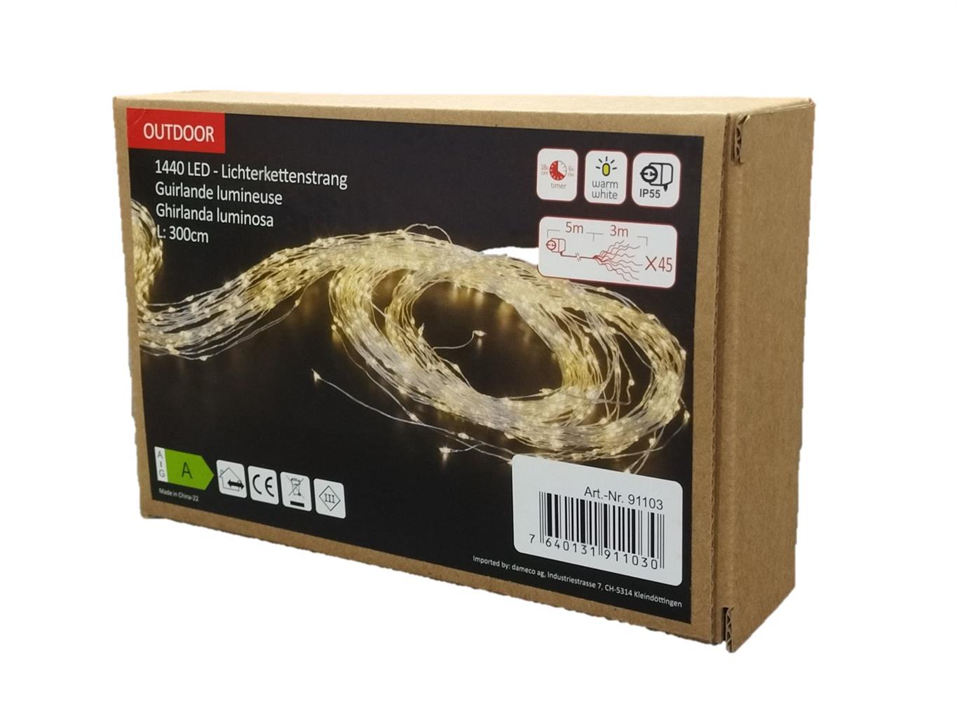 LED Outdoor Lichterkettenstrang
1440 LED, L: 300cm
silber Draht
Warm weiss Licht