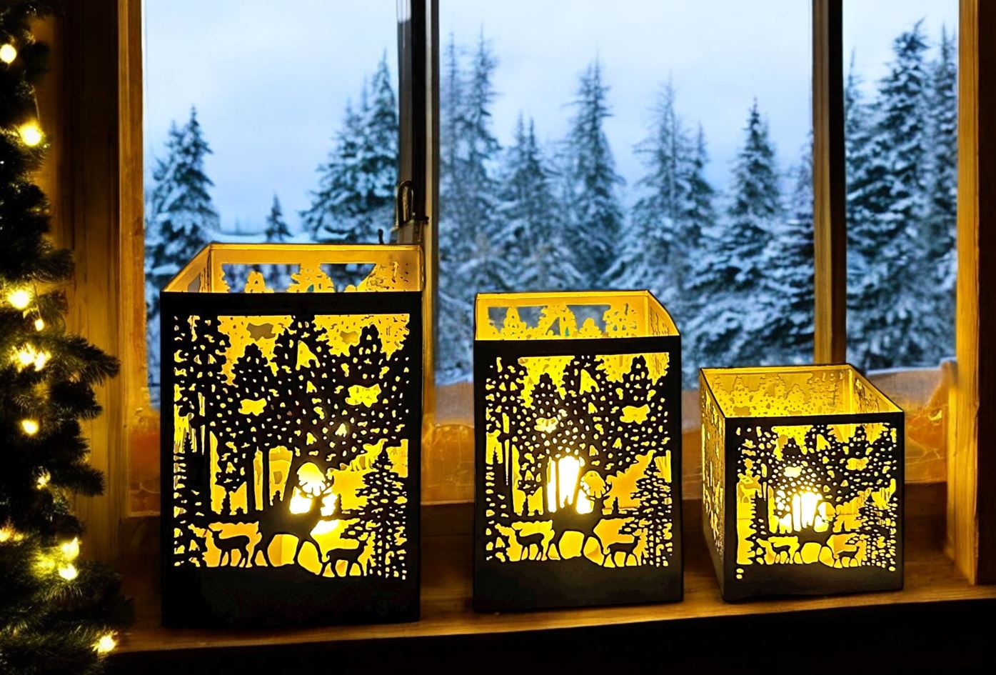 Windlicht Forest 3er Set aus Metall eckig Farbe schwarz gold