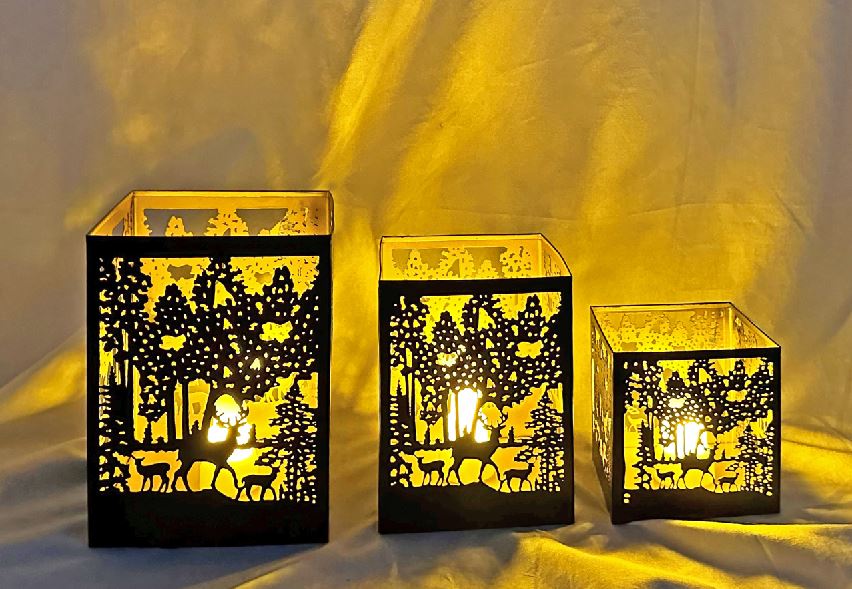 Windlicht Forest 3er Set aus Metall eckig Farbe schwarz gold
