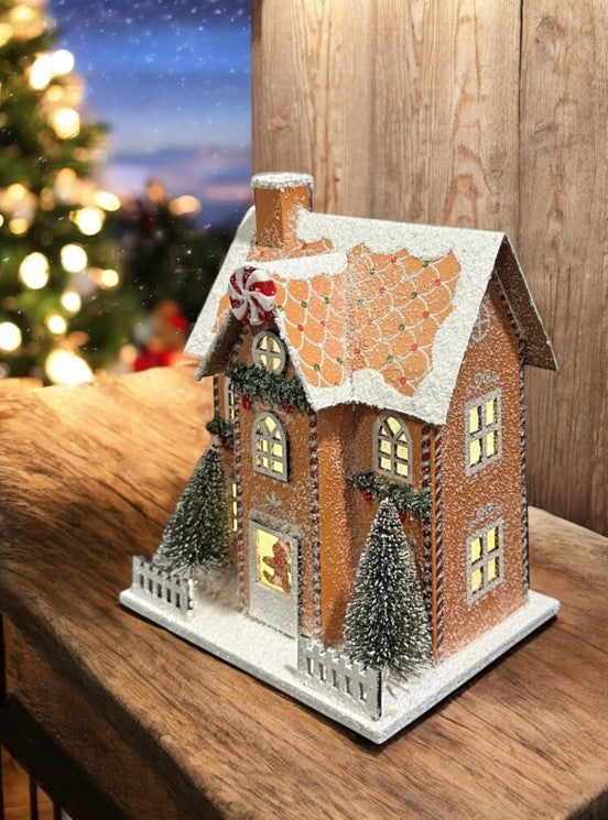 LED Deko Lebkuchenhaus braun mit bunten Verzierungen