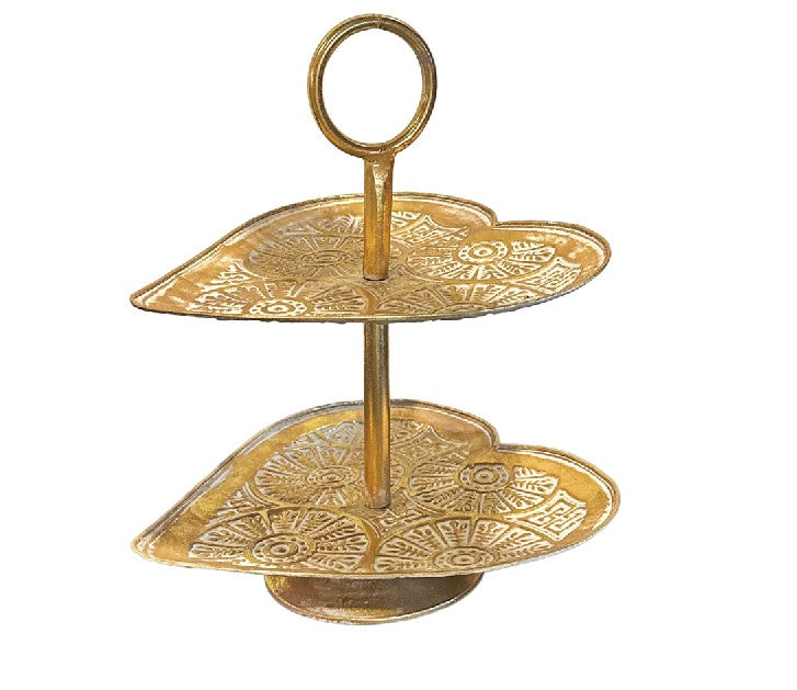 Deko Etagere aus Metall gold mit weisser Verzierung 2 Ablagen in Herzform