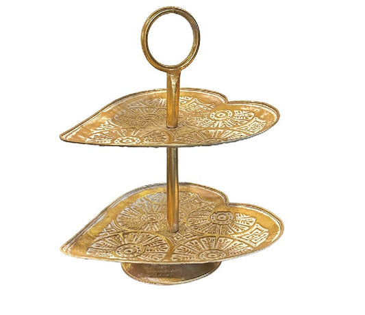 Deko Etagere aus Metall gold mit weisser Verzierung 2 Ablagen in Herzform