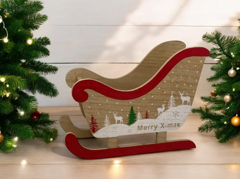 Deko Schlitten Holz Merry X-Mas
Farbe: Braun/Weiss/Rot
Design: Winterlandschaft