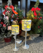 Windlicht Kelch aus Glas Bergdorfmotiv silber H25