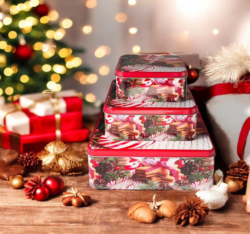 Guetzlidosen 3er Set viereckig mit XMAS Motiv Zuckerstange und Guetzli Weissblech