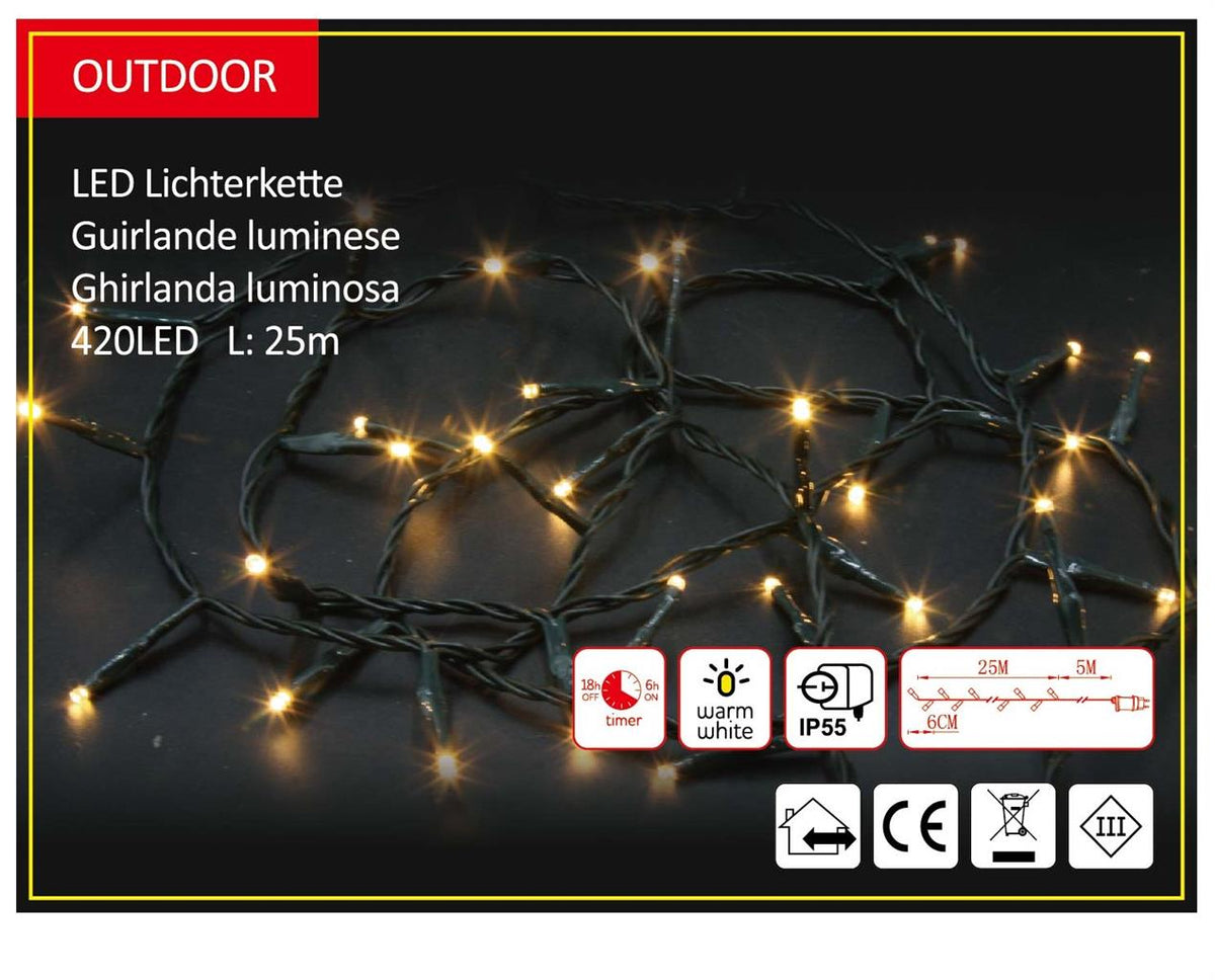 LED Outdoor Lichterkette 420 LED
Warm weisses Licht
L: 25m - Kabelfarbe: Grün