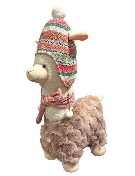Deko Alpaca stehend in Weiss mit Mütze rosa