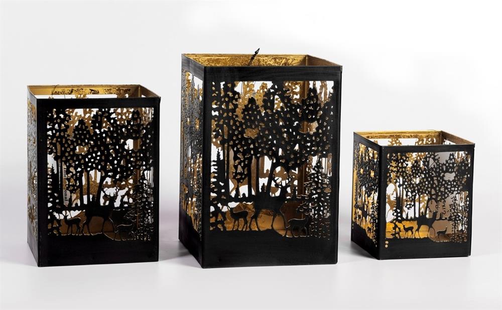 Windlicht Forest 3er Set aus Metall eckig Farbe schwarz gold