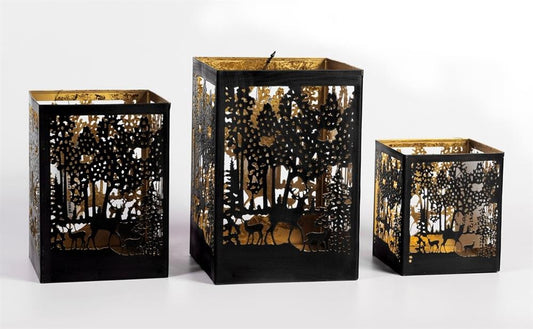 Windlicht Forest 3er Set aus Metall eckig Farbe schwarz gold