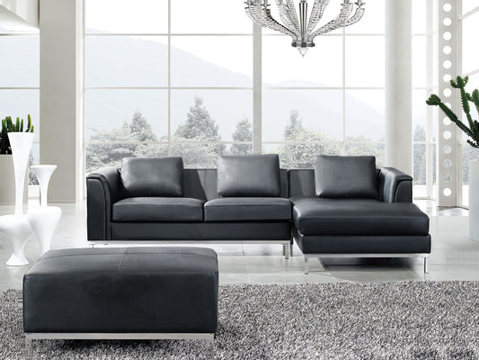 Ecksofa Leder schwarz linksseitig mit Ottomane OSLO