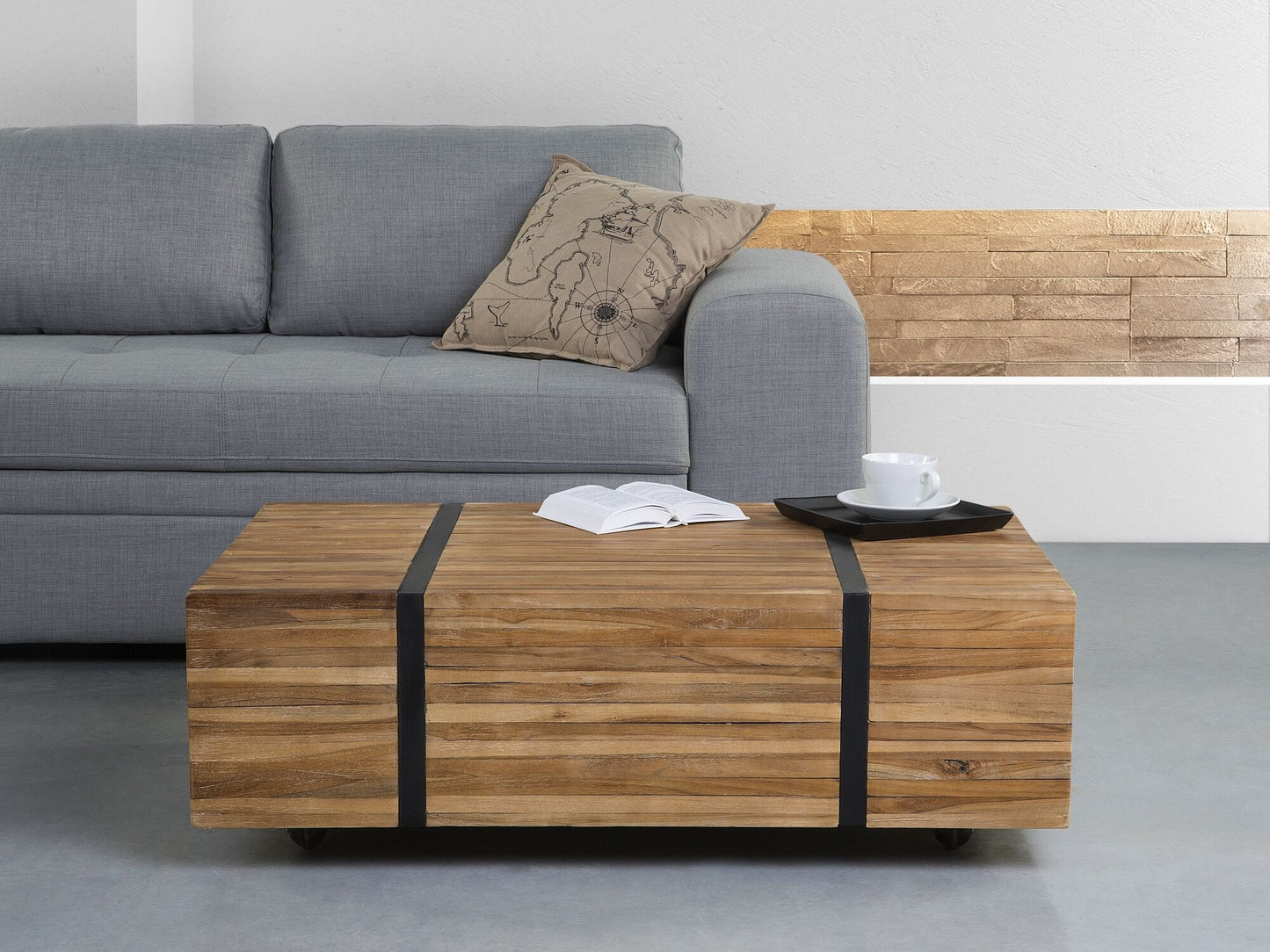 Couchtisch Teakholz hellbraun rechteckig 69 x 110 cm rollbar GANDER