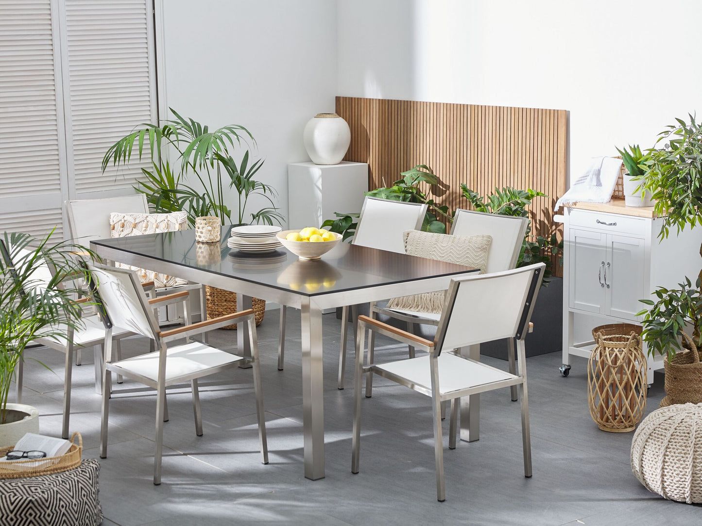 Gartenmöbel Set 6-Sitzer GROSSETO Sicherheitsglas Schwarz / Weiss