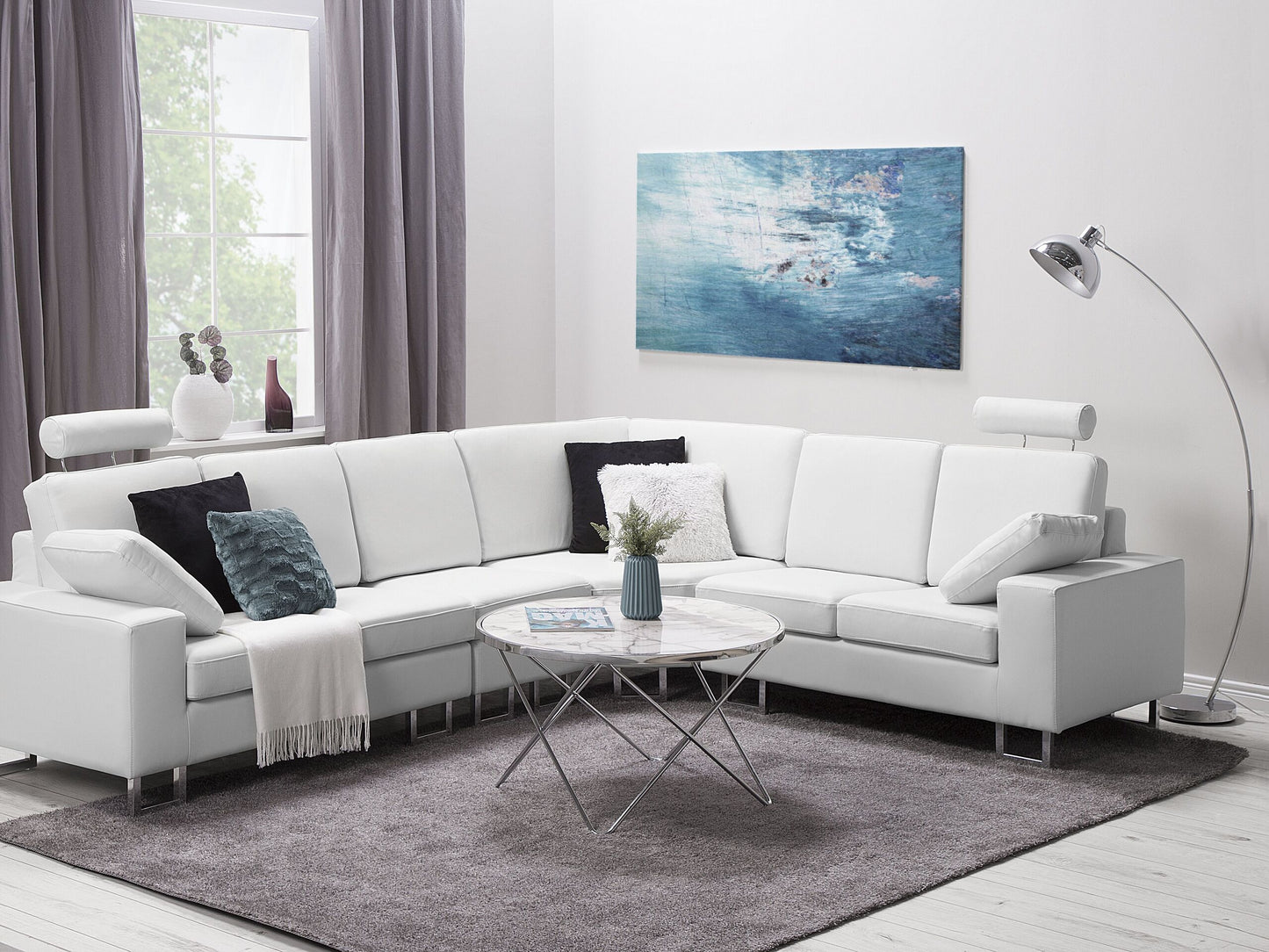 6-Sitzer Ecksofa Leder weiss linksseitig STOCKHOLM
