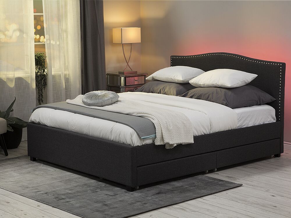 Bett mit Schubladen Stoff MONTPELLIER 160 x 200 cm LED Grau