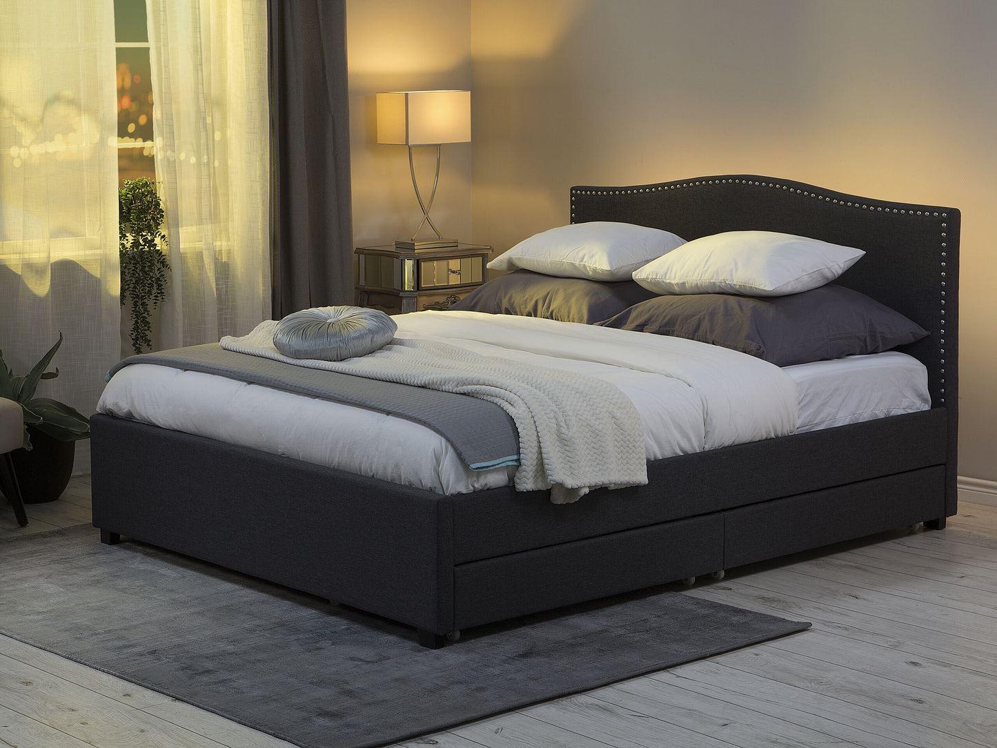 Bett mit Schubladen Stoff MONTPELLIER 180 x 200 cm LED Dunkelgrau