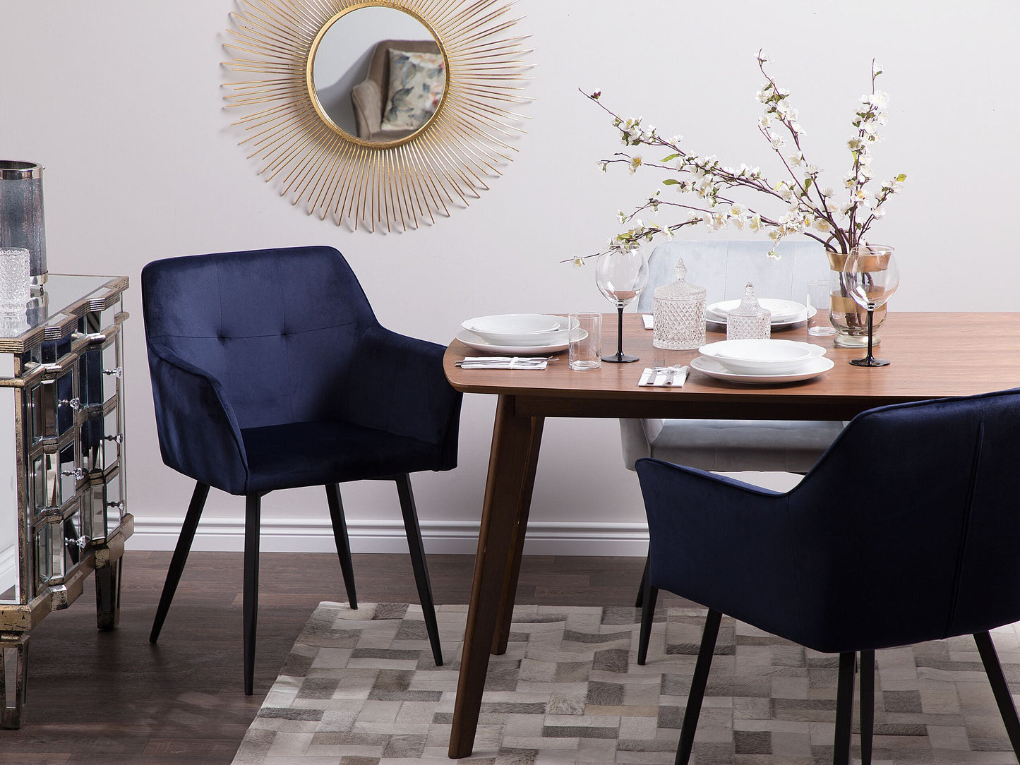 Esszimmerstuhl 2er Set JASMIN Samtstoff Dunkelblau