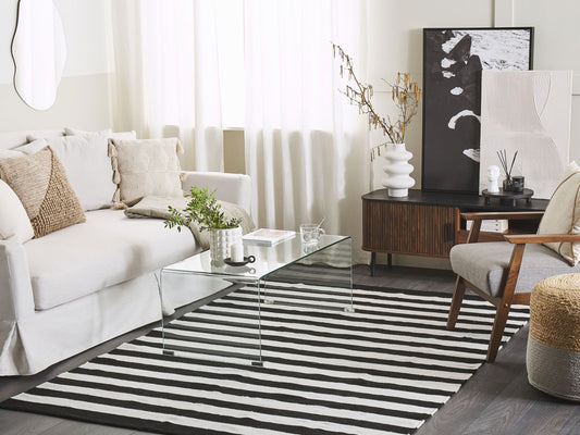 Outdoor Teppich schwarz-weiss 140 x 200 cm Streifenmuster Kurzflor TAVAS