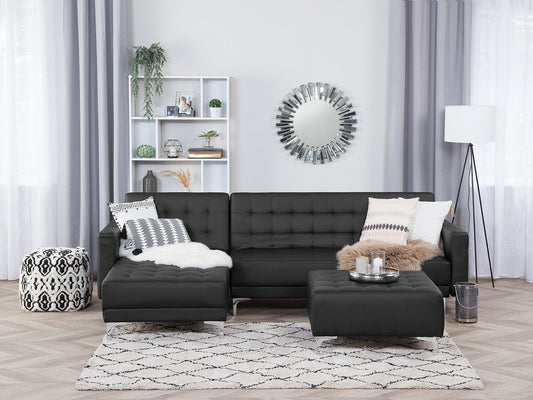 Schlafsofa Kunstleder schwarz rechtsseitig mit Ottomane ABERDEEN