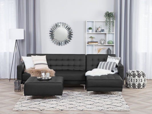 Schlafsofa Kunstleder schwarz linksseitig mit Ottomane ABERDEEN