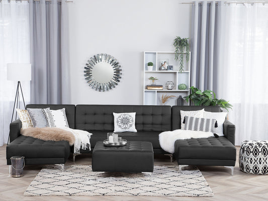 Schlafsofa U-förmig Kunstleder schwarz mit Ottomane ABERDEEN