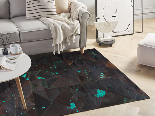 Teppich Kuhfell braun-türkis 140 x 200 cm Patchwork Kurzflor ATALAN