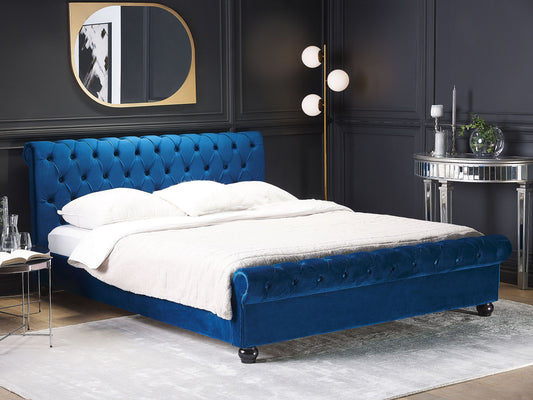 Bett mit Lattenrost Samtstoff AVALLON 160 x 200 cm Marineblau