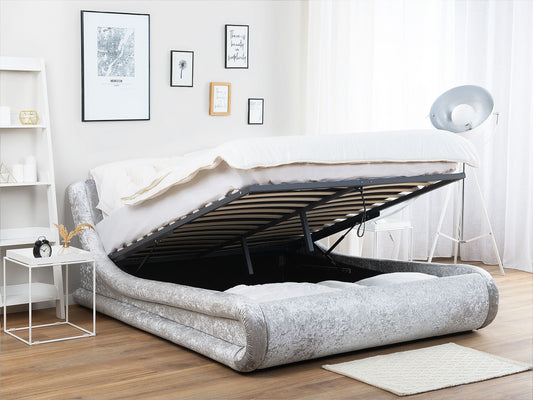 Bett Samtstoff silber mit Bettkasten hochklappbar 180 x 200 cm AVIGNON