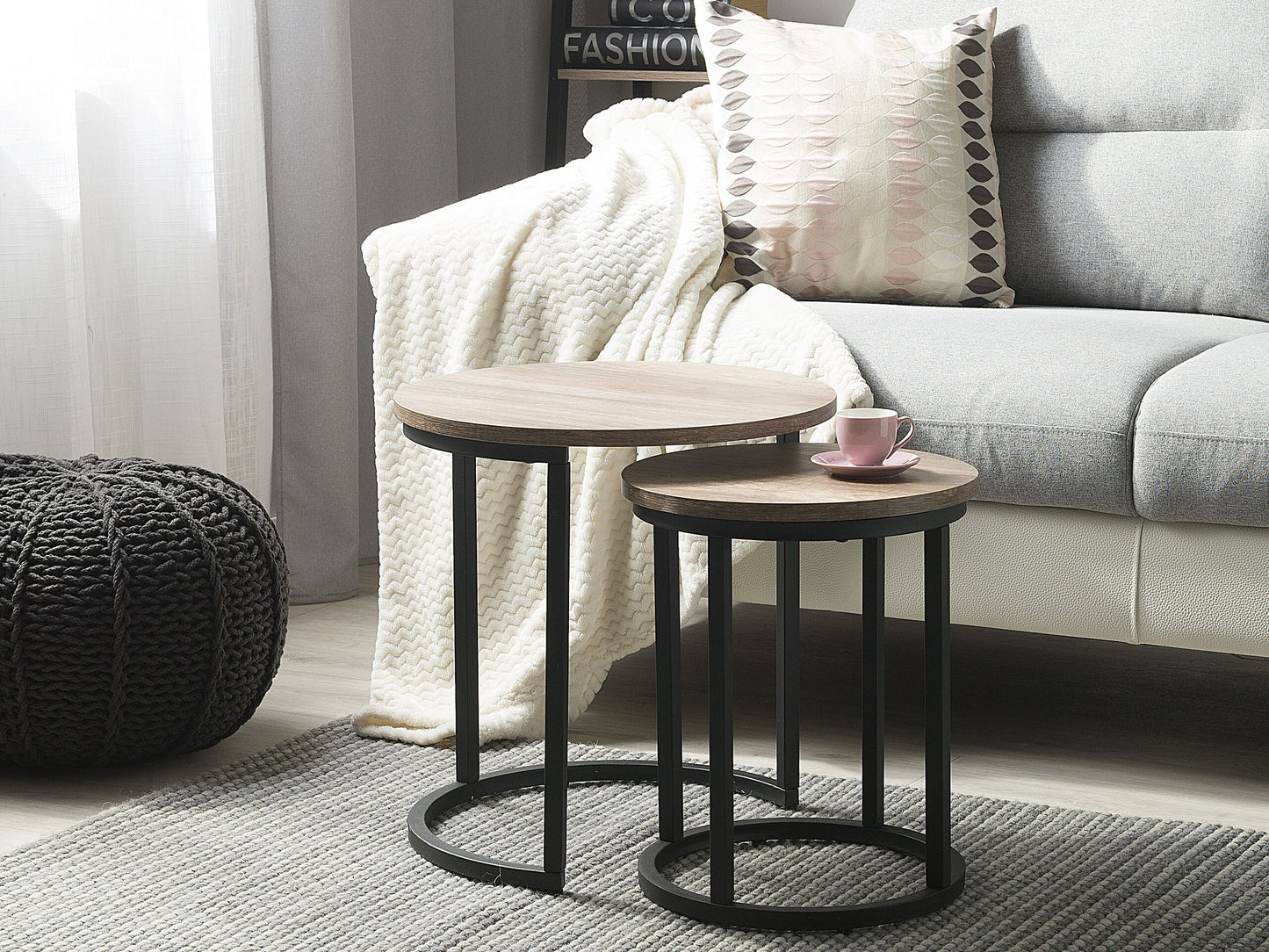 Beistelltisch 2er Set dunkler Holzfarbton / schwarz rund DIXIE