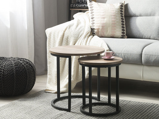 Beistelltisch 2er Set dunkler Holzfarbton / schwarz rund DIXIE