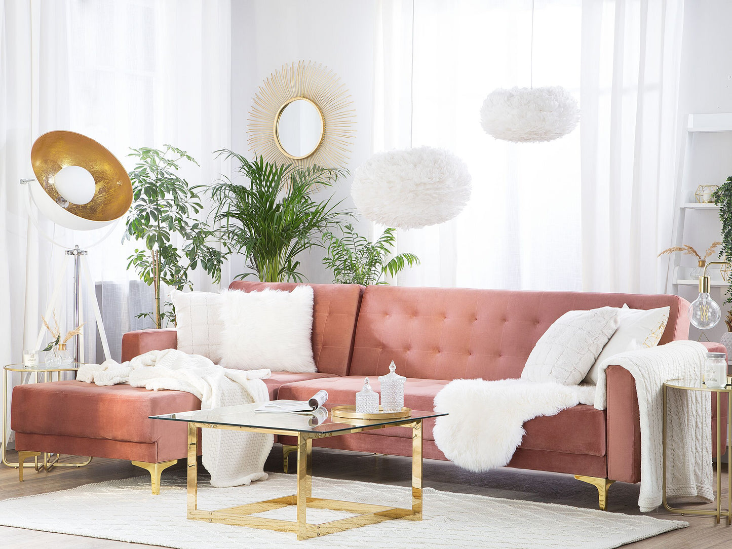 Ecksofa rechtsseitig Samtstoff rosa Schlaffunktion ABERDEEN