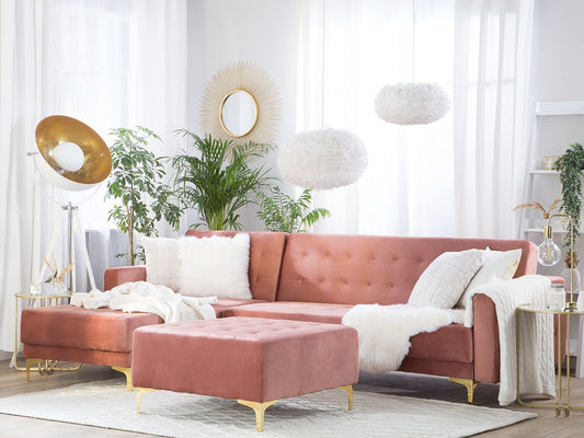 Schlafsofa Samtstoff rosa rechtsseitig mit Ottomane ABERDEEN