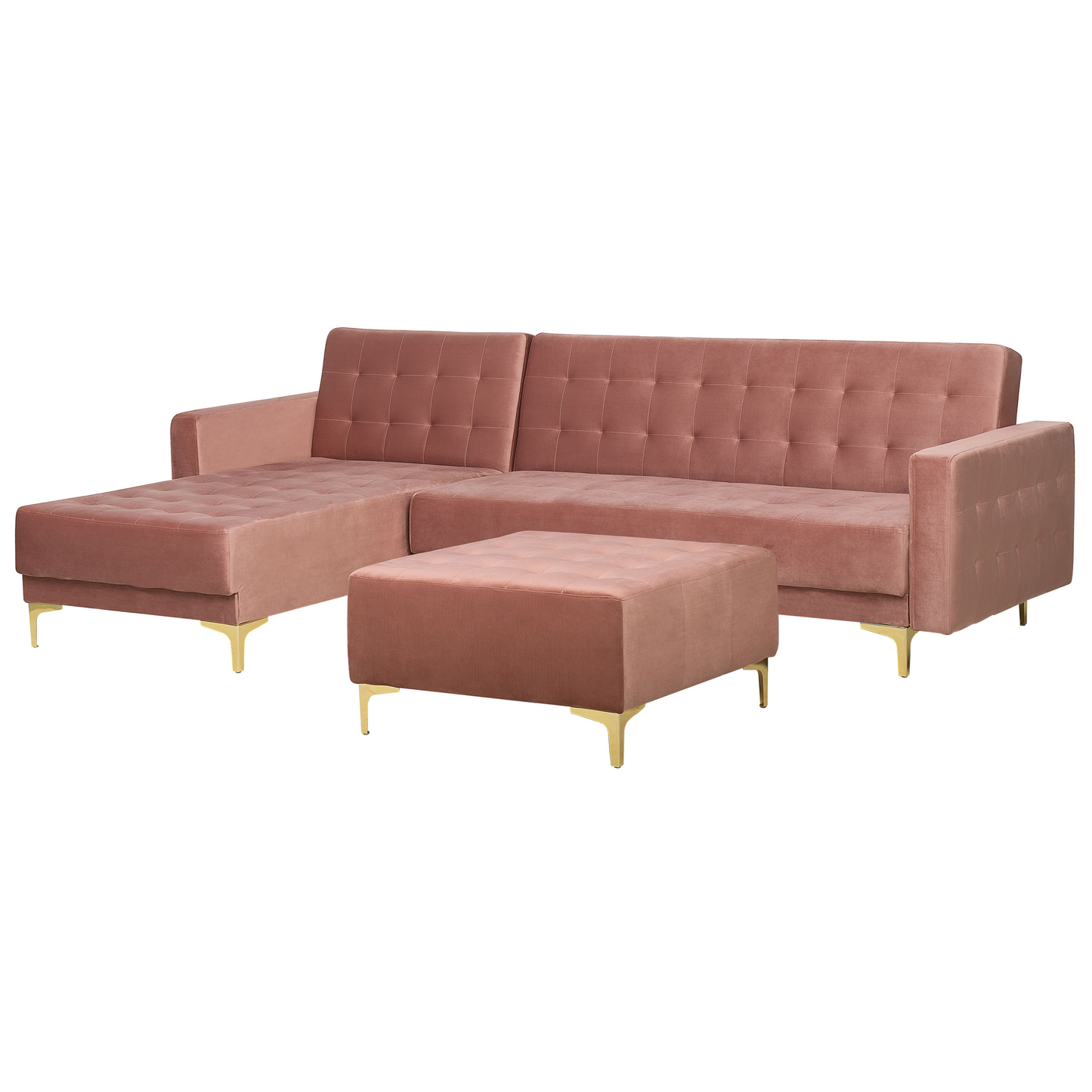 Schlafsofa Samtstoff rosa rechtsseitig mit Ottomane ABERDEEN