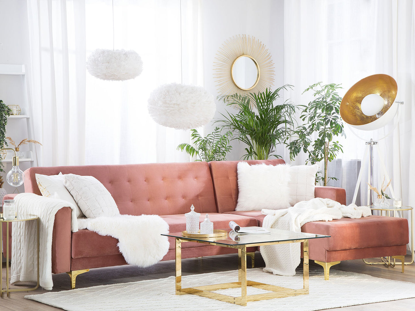 Ecksofa linksseitig Samtstoff rosa Schlaffunktion ABERDEEN