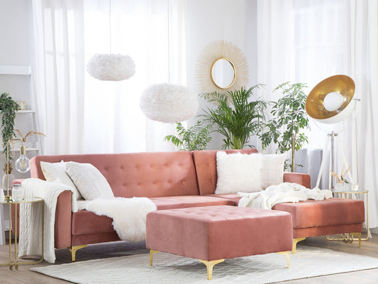 Schlafsofa Samtstoff rosa linksseitig mit Ottomane ABERDEEN